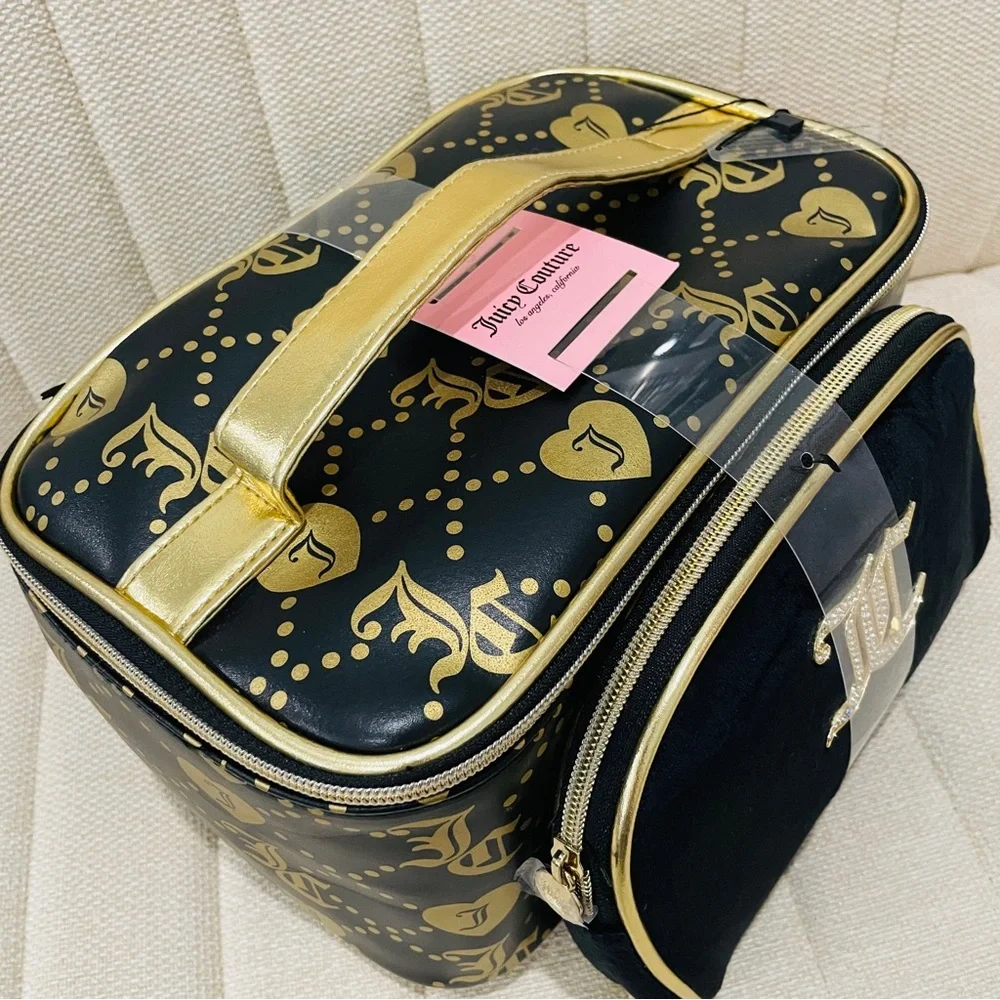 NEW Juicy Couture Black Gold Monogram Train Case Makeup Bag 2pc‎ Set Rhinestone